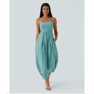 Halara small Nile teal blue Jasmine sleeveless cross cross back wide leg tapered